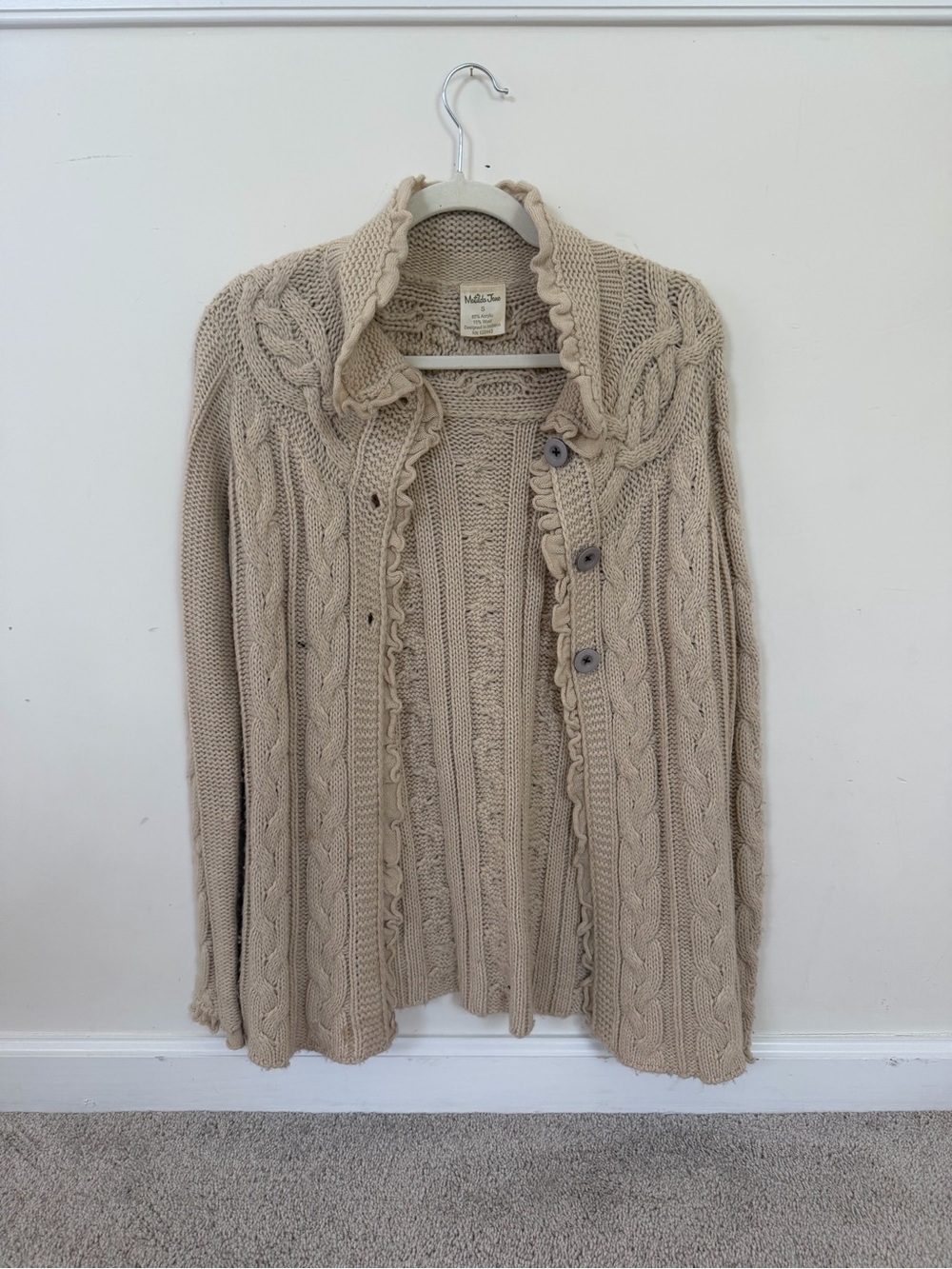 Matilda Jane Mudd Ruffle-Trim Cable Knit Button Cardigan - Beige
